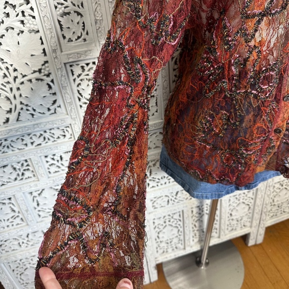 Chicos Burnt Orange Red Mesh Artsy Lace Long Sleeve Button Up Sheer Blouse - Picture 3 of 6